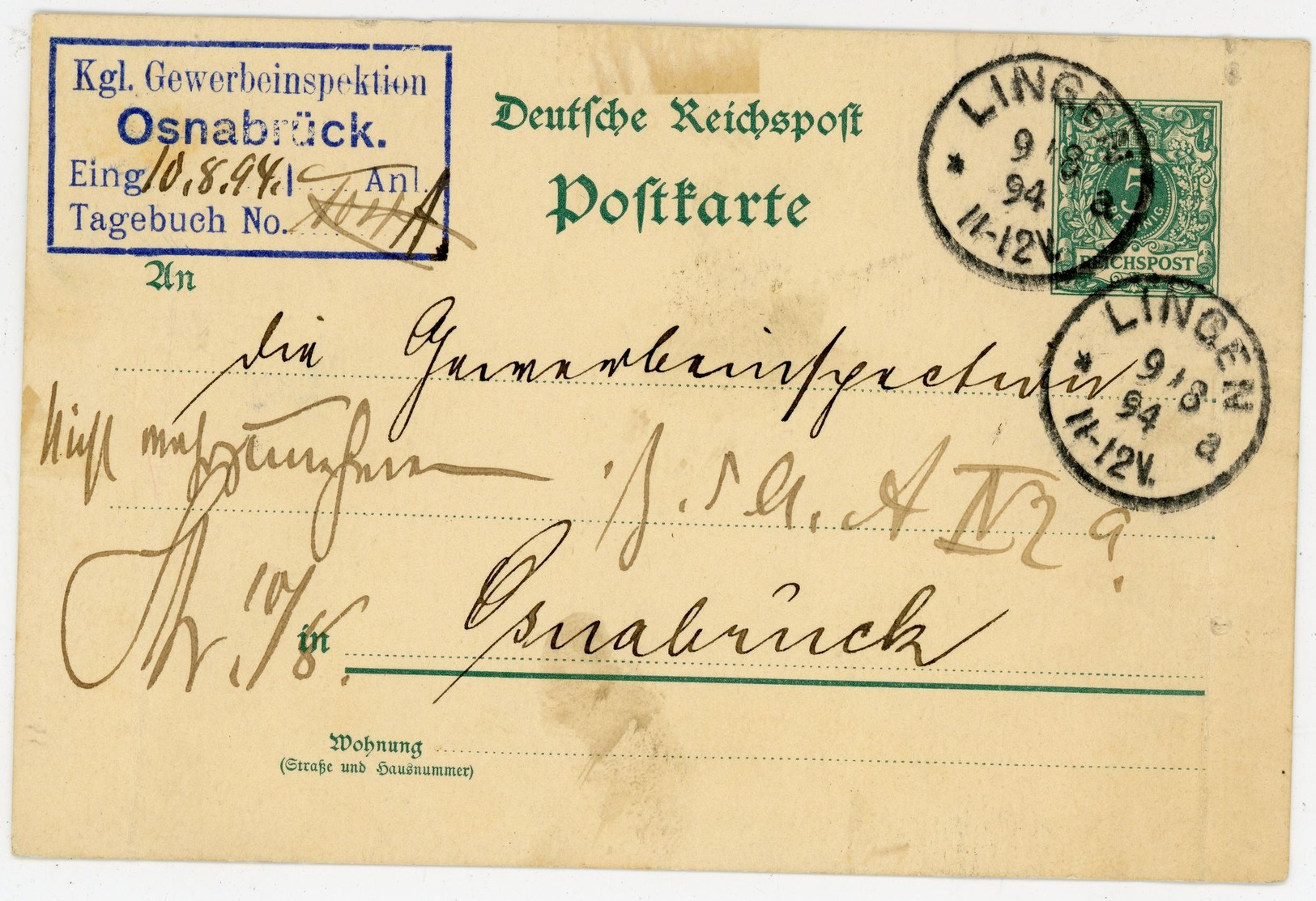 "Kgl. Gewerbeinspektion Osnabrück" Krone Adler Postkarte 1894 Aus Lingen Nach Osnabrück - Sonstige & Ohne Zuordnung