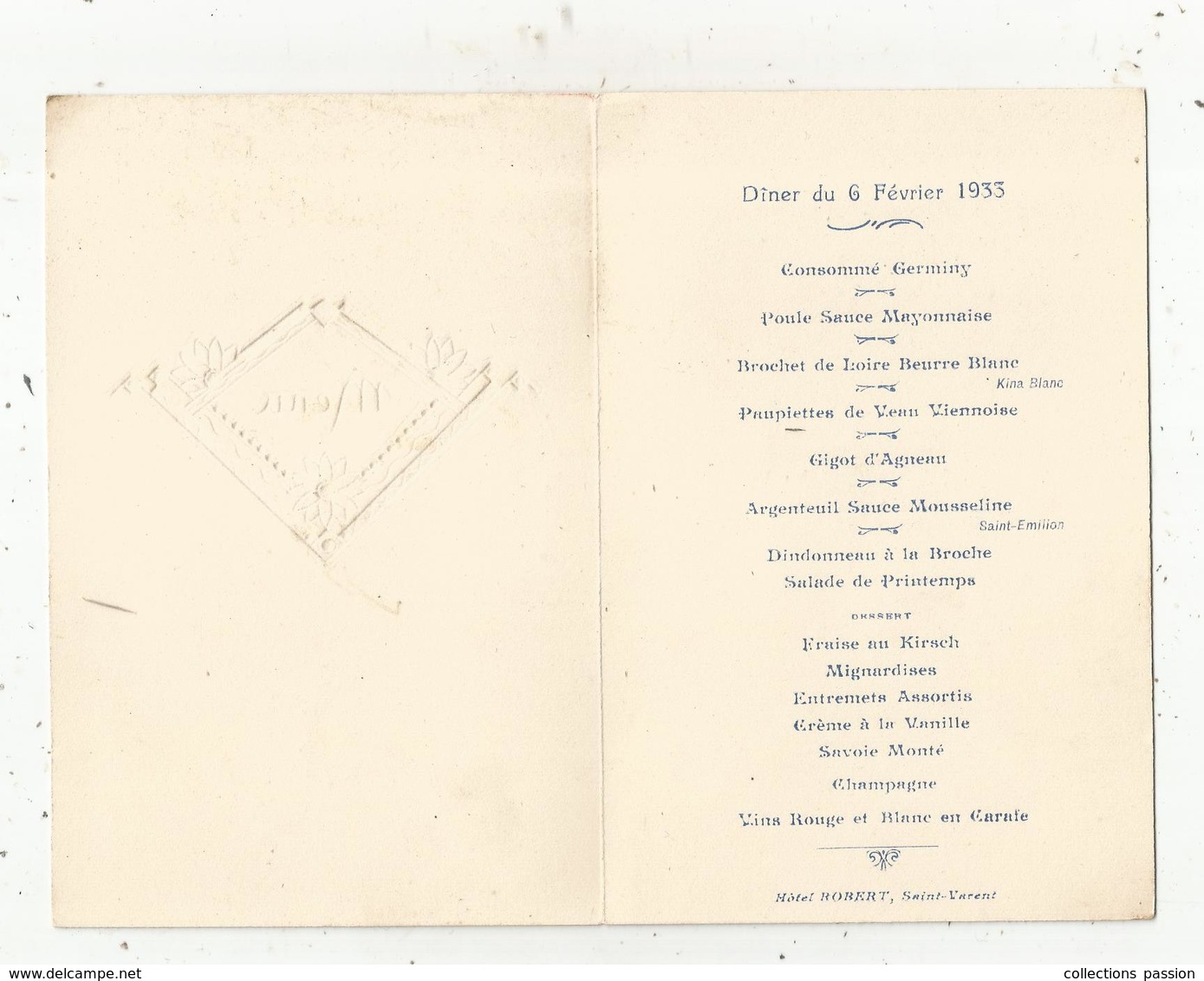 Menu 4 Pages , 1933 , Hôtel ROBERT , SAINT VARENT , 2 Scans , Frais Fr 1.55 E - Menu