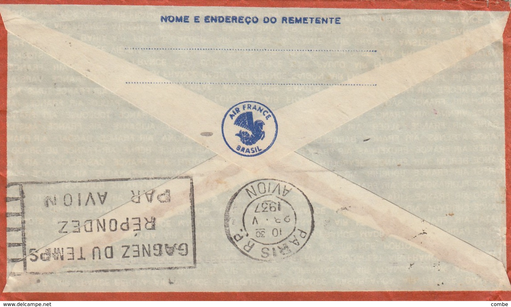 COVER BRASIL. 22 5 37. LAGUNA TO HAMBURG GERMANY. 12600 REIS. SURTAXE ACQUITEE POUR VOIE AERIENNE AU DELA DE LA FRANCE - Aerei