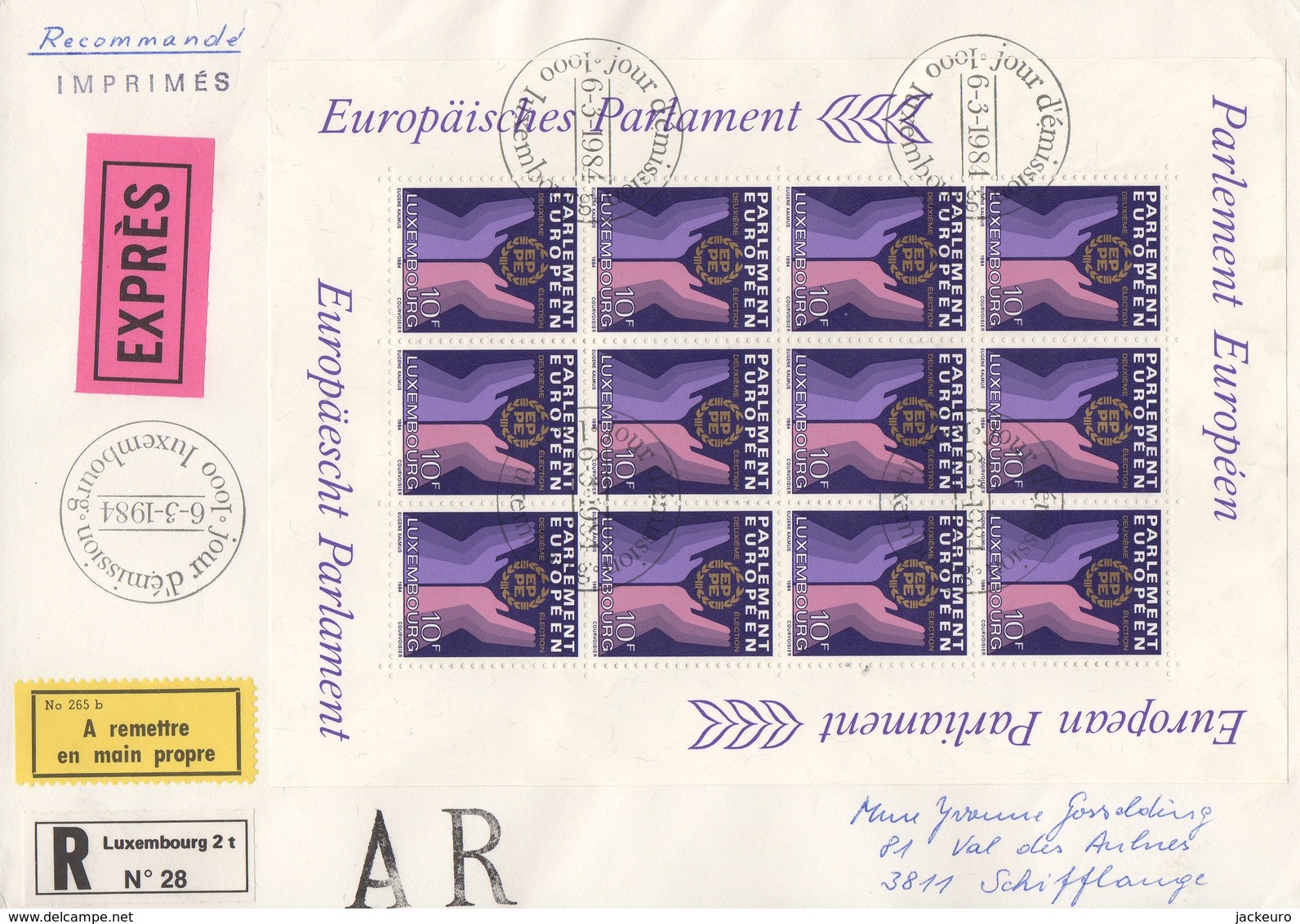 RE29   FDC Recommandé + Exprès "Elections Européennes" 1984   TTB - Briefe U. Dokumente