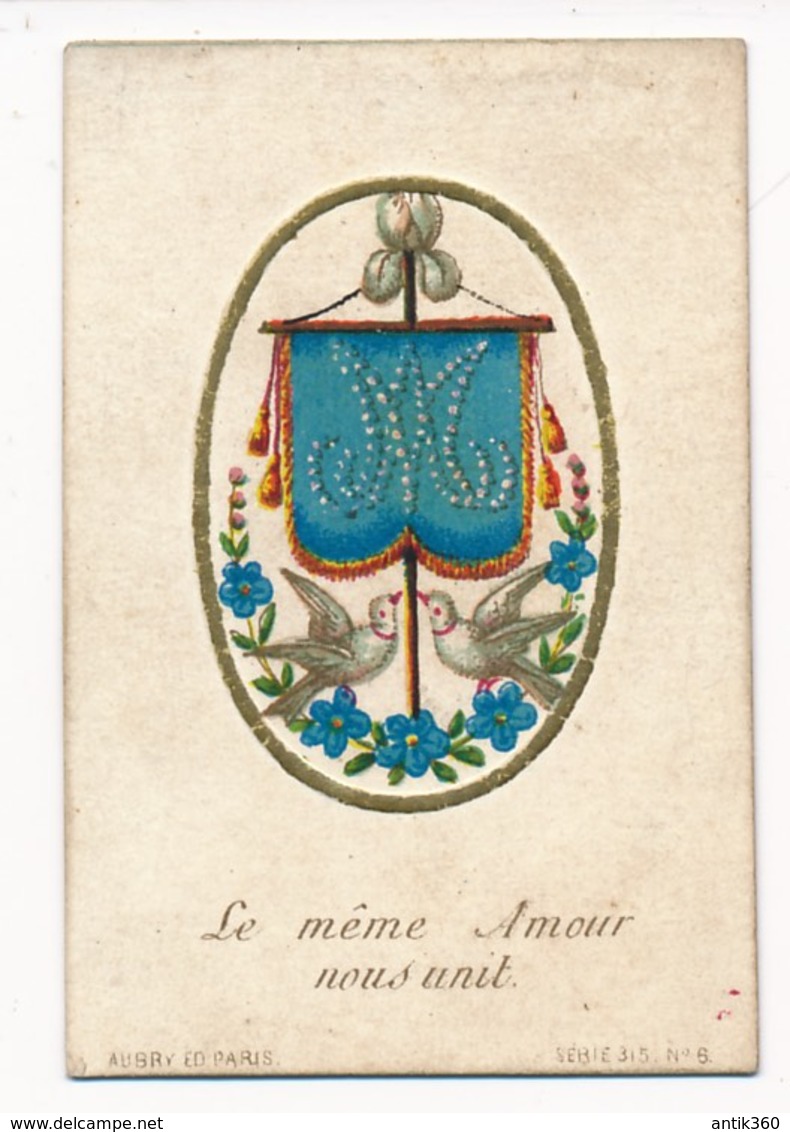 Image Pieuse XIXe Chromo Et Dorures Blason De Marie Le Même Amour Nous Unit - Aubry éditeur - Holy Card - Andachtsbilder