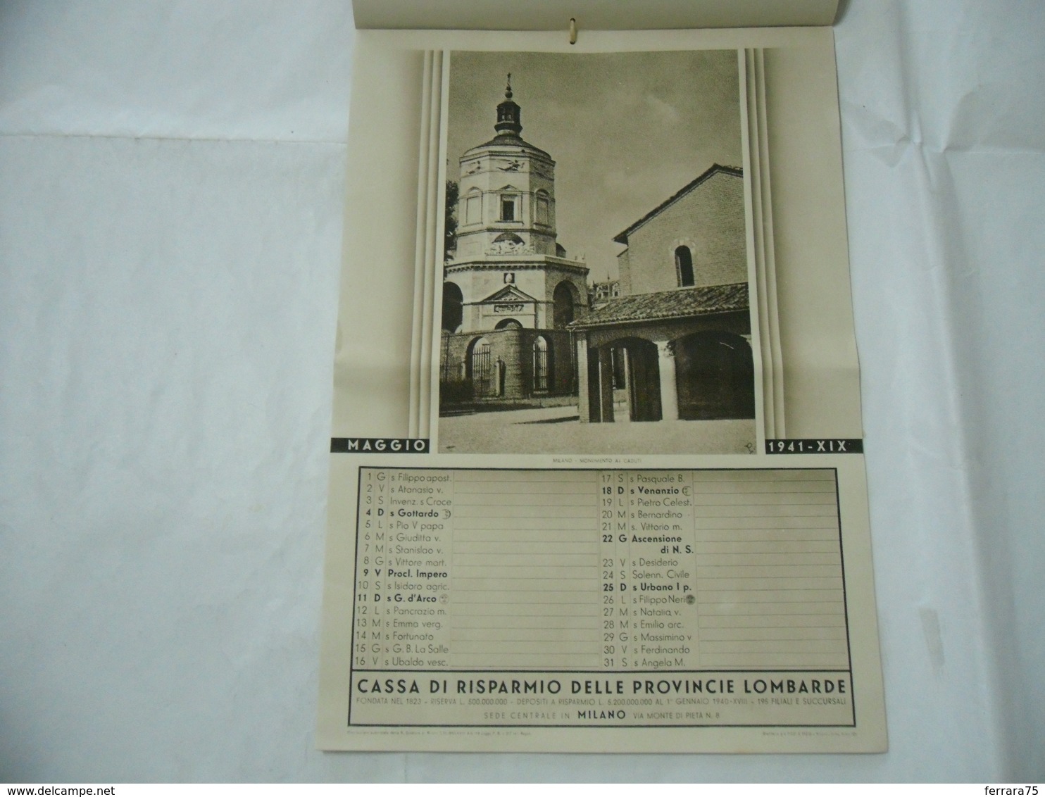 WW2 CALENDARIO ALMANACCO 1941 CASSA DI RISPARMIO PROVINCIE LOMBARDE MILANO