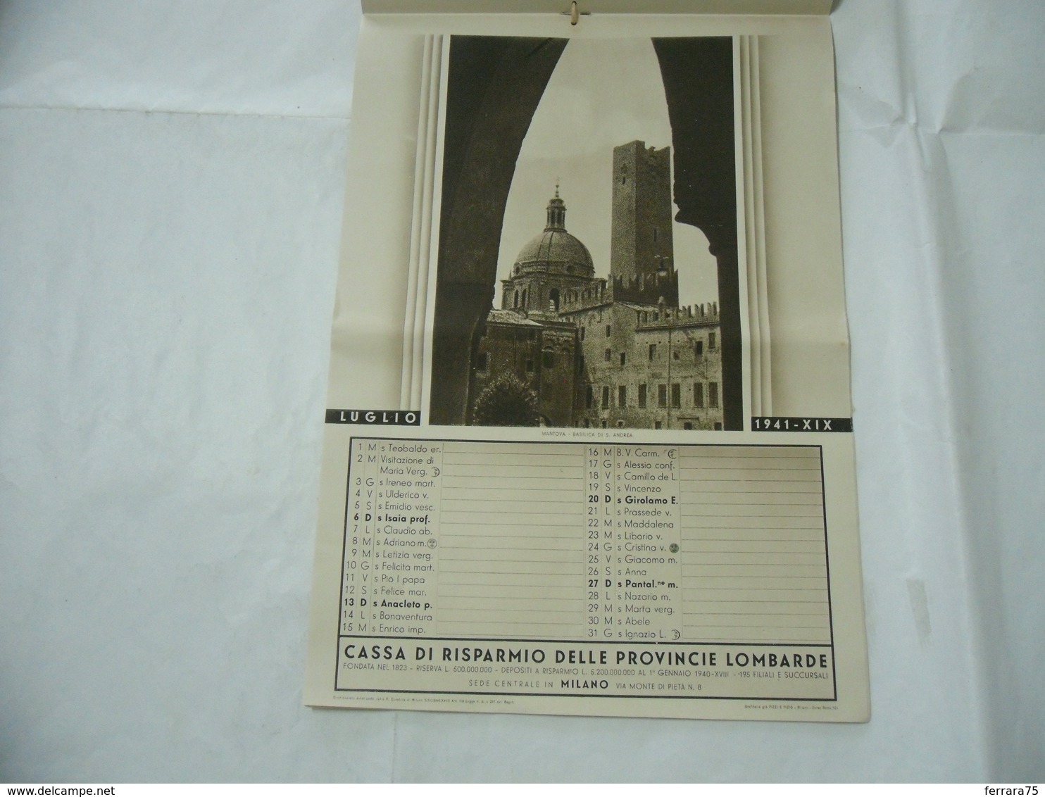 WW2 CALENDARIO ALMANACCO 1941 CASSA DI RISPARMIO PROVINCIE LOMBARDE MILANO