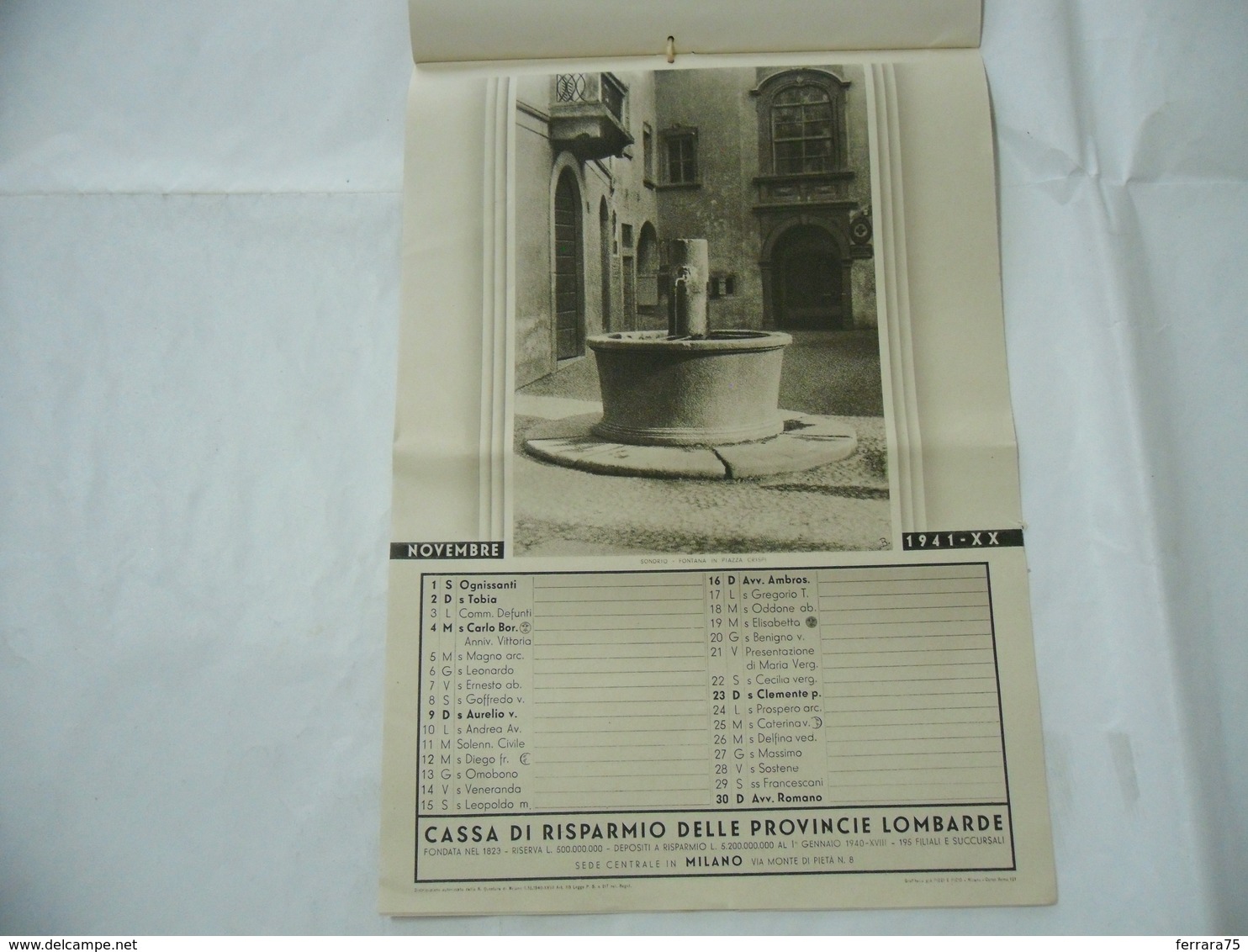 WW2 CALENDARIO ALMANACCO 1941 CASSA DI RISPARMIO PROVINCIE LOMBARDE MILANO