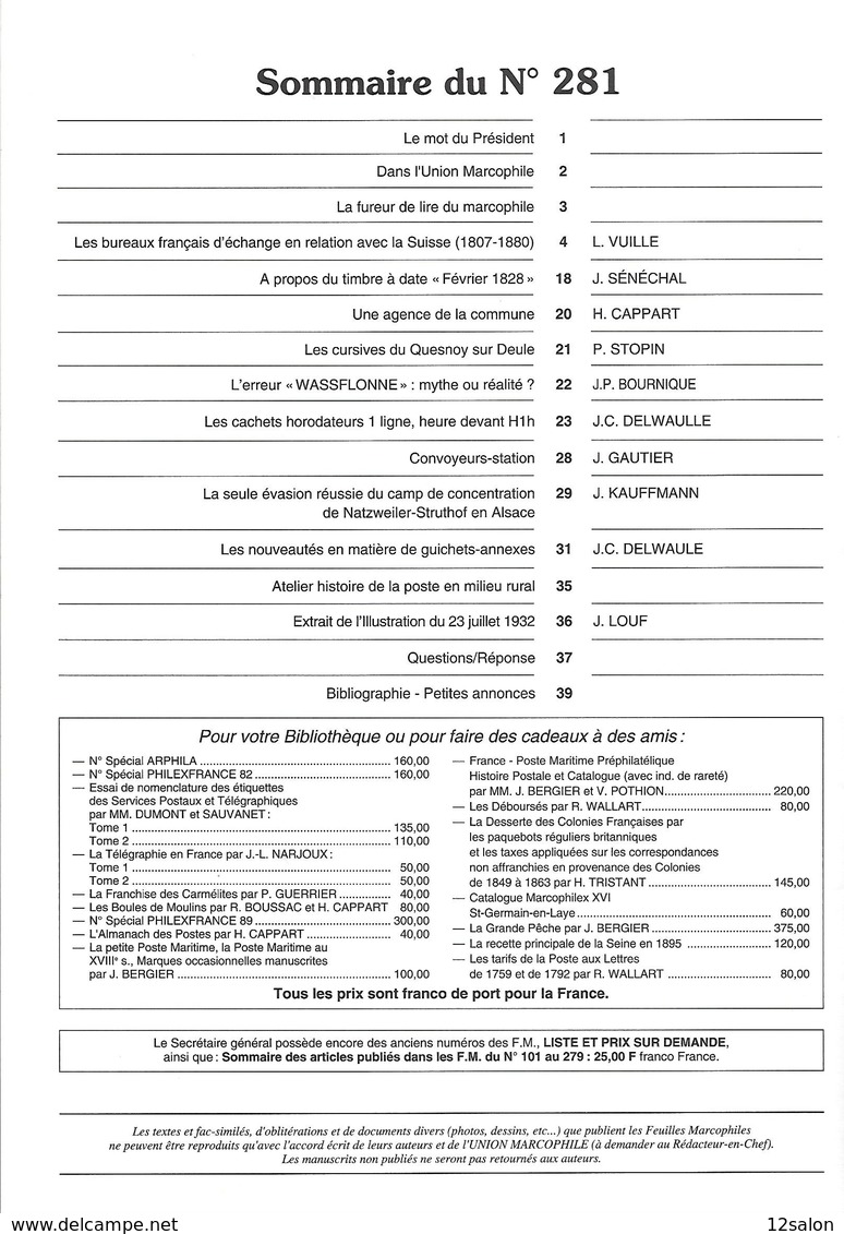 LES FEUILLES MARCOPHILES N° 281 + Scan Sommaire - Altri & Non Classificati