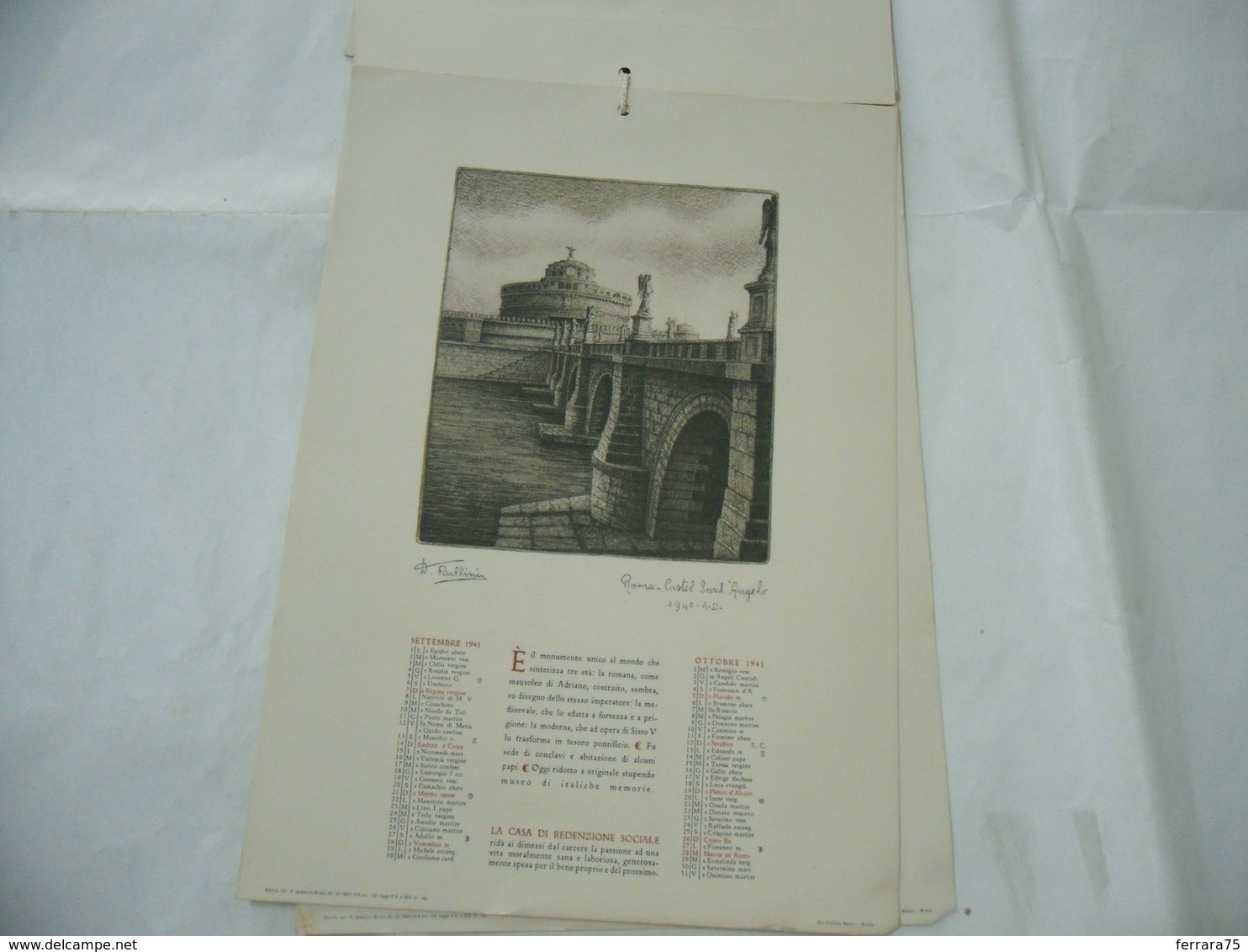 WW2 CALENDARIO ROMA IMPERIALE E CRISTIANA  DANDOLO BELLINI 1941 CARCERE NIGUARDA