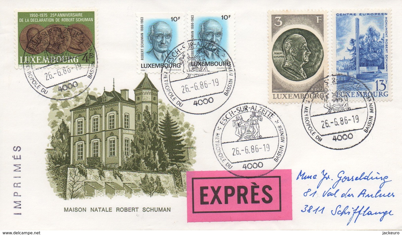RE36    Exprès  "timbres  Robert Schuman + Centre Européen" 1986 - Cachet Esch-sur-Alzette  TTB - Cartas & Documentos