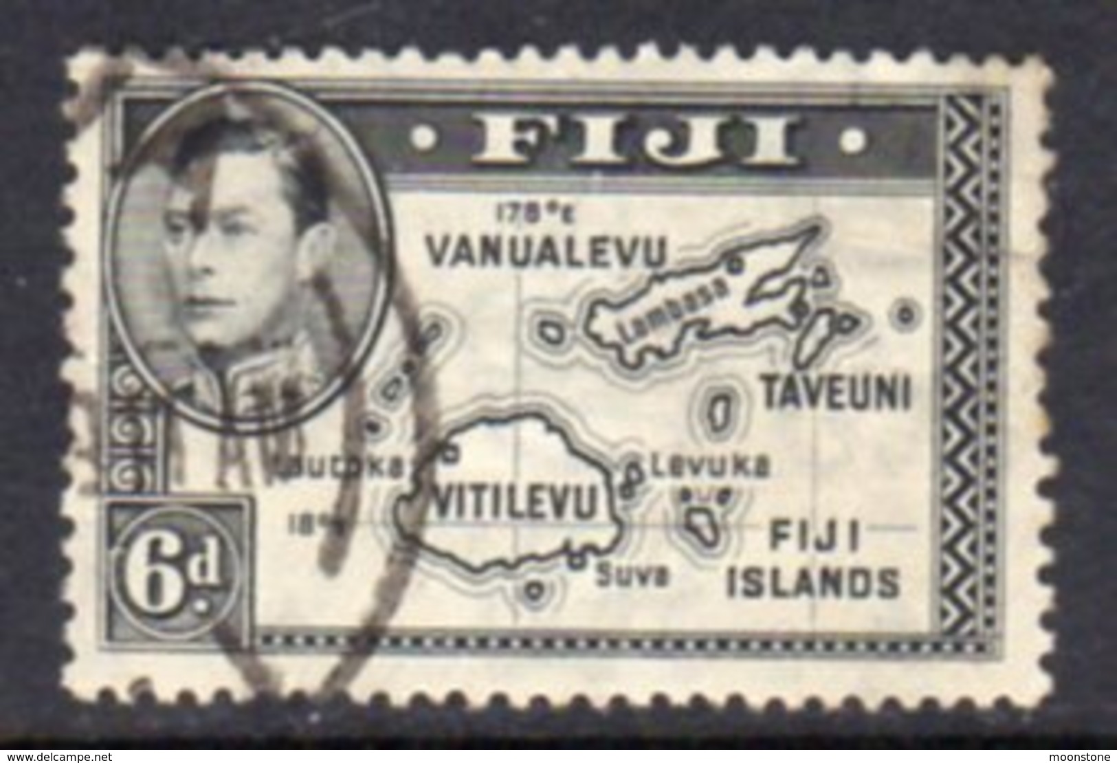 Fiji GVI 1938-55 6d Black, Die I (without 180), P.13x12, Used, SG 260 - Fiji (...-1970)