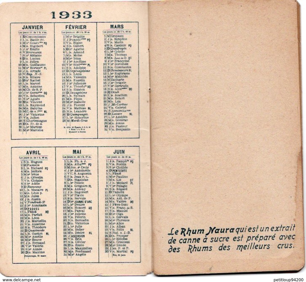 CALEPIN DE BISTRO DE BAR DE CAFE CARNET DE COMMANDE Rhum Naura CALENDRIER 1933 - Autres & Non Classés