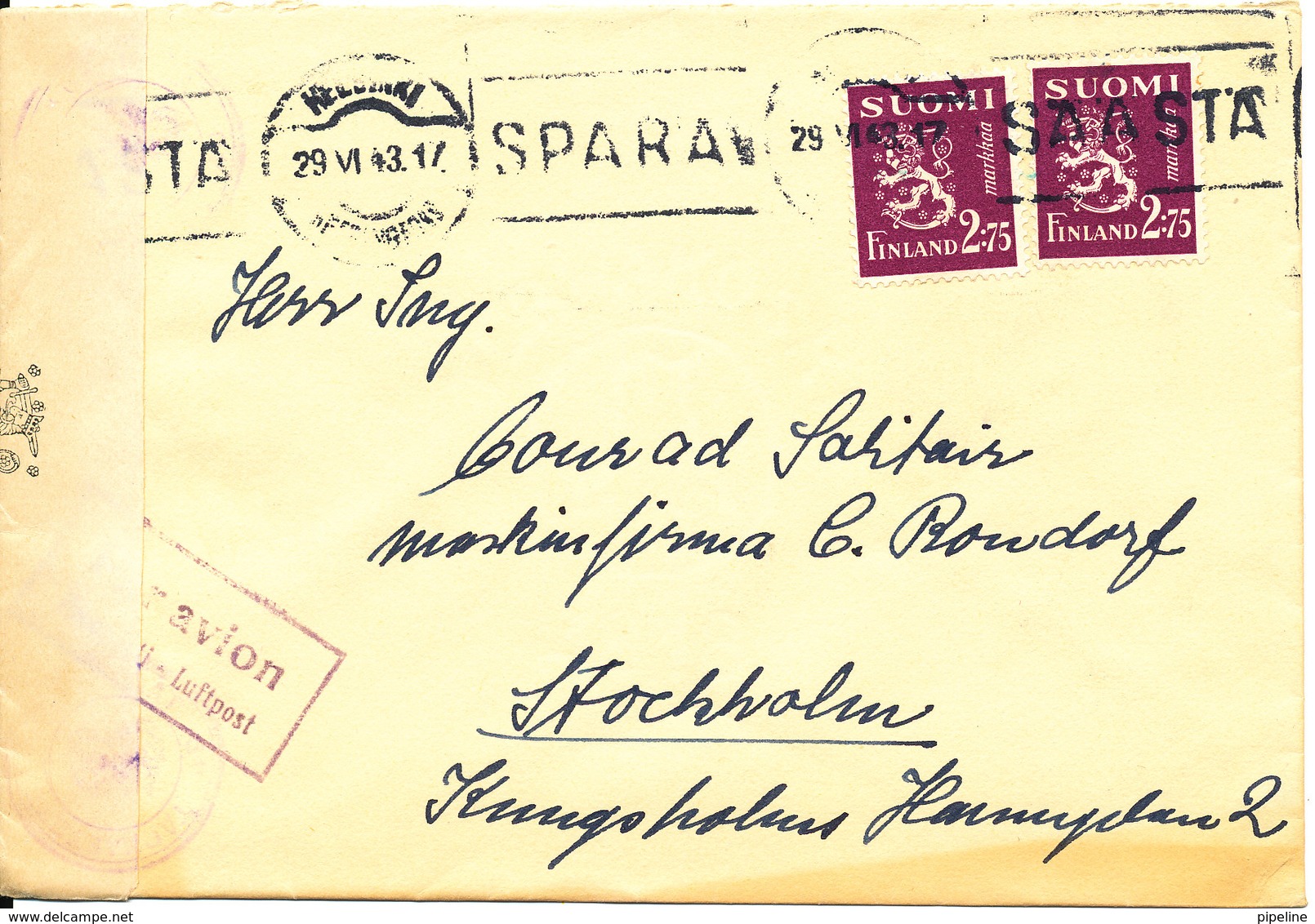 Finland Censored Cover Sent Air Mail To Sweden Helsinki 29-6-1943 - Covers & Documents