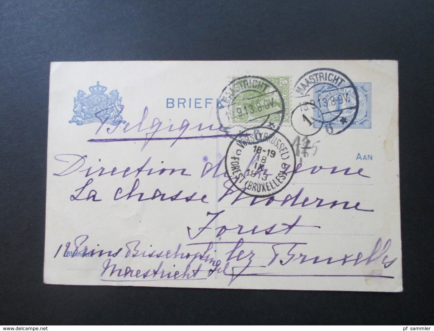 Niederlande Ganzsache 1913 Mit Zusatzfrankatur Maastricht - Forest Brüssel In Belgien - Lettres & Documents