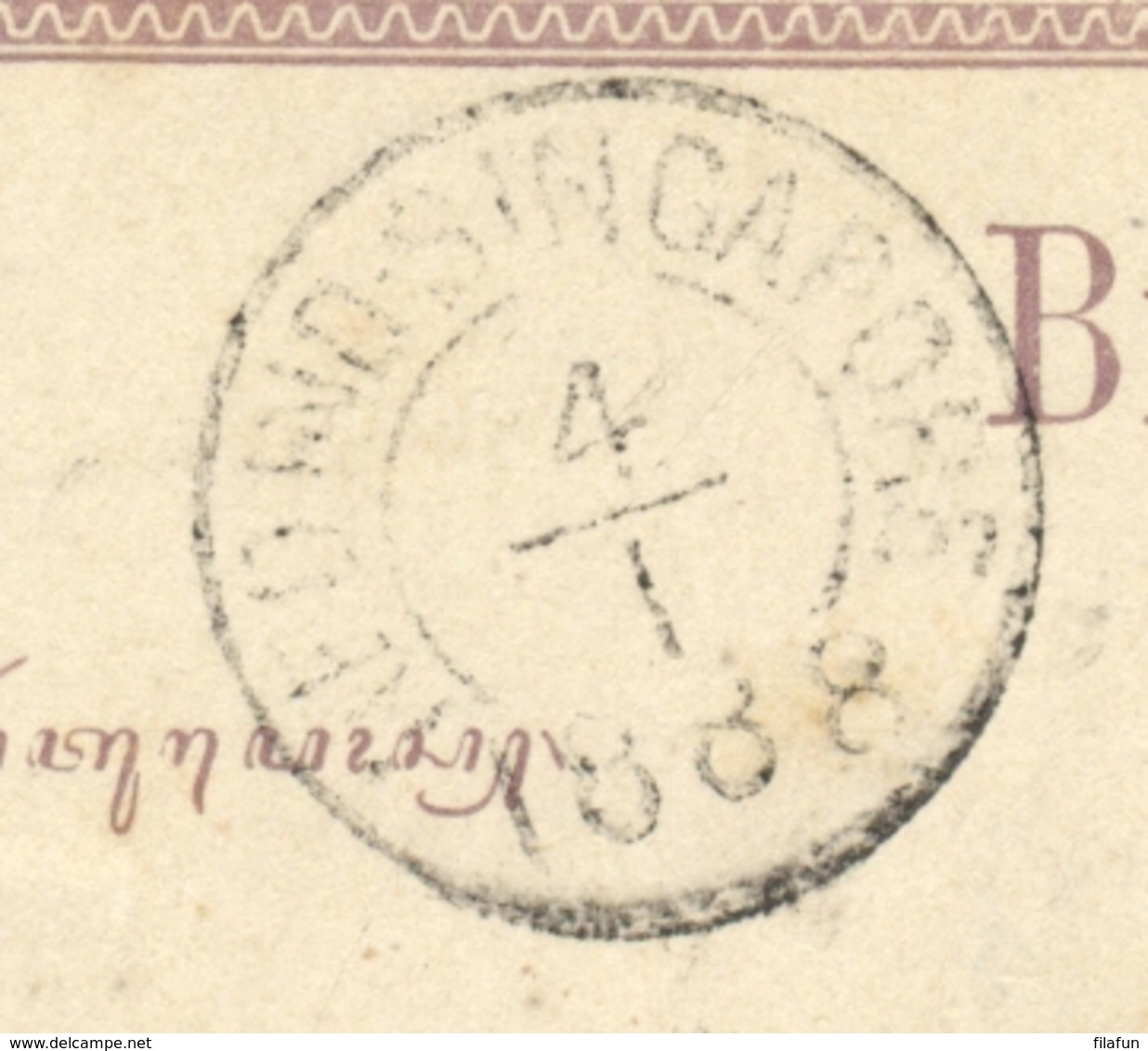 Nederlands Indië - 1888 - 5 Cent Briefkaart Van KR TANDJONG PANDAN Via KR NED IND-SINGAPORE Naar Medan - India Holandeses