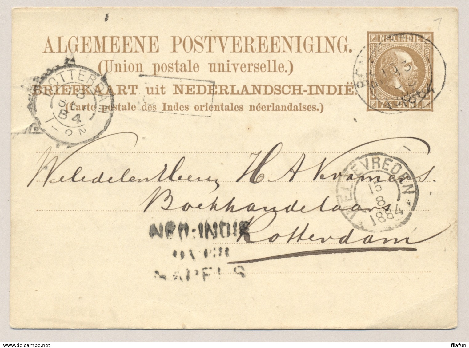 Nederlands Indië - 1884 - 7,5 Cent Briefkaart G5 Van KR Benkoelen Over Napels Naar Rotterdam / Nederland - Niederländisch-Indien