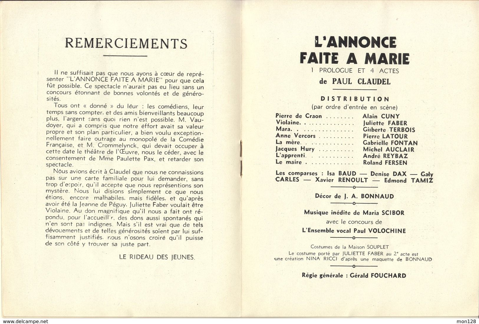 THEATRE DE L'OEUVRE-PROGRAMME PIECE "L'ANNONCE FAITE A MARIE" DE PAUL CLAUDEL 1942 - BON ETAT - Programmes