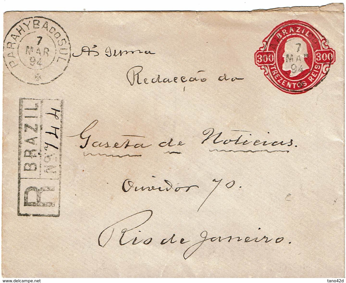 CTN54A BRESIL EP ENVELOPPE 300R CIRCULEE EN RECOMMANDEE PARAHYBA DO SUL / RIO DE JANEIRO 7/3/1894 - Enteros Postales