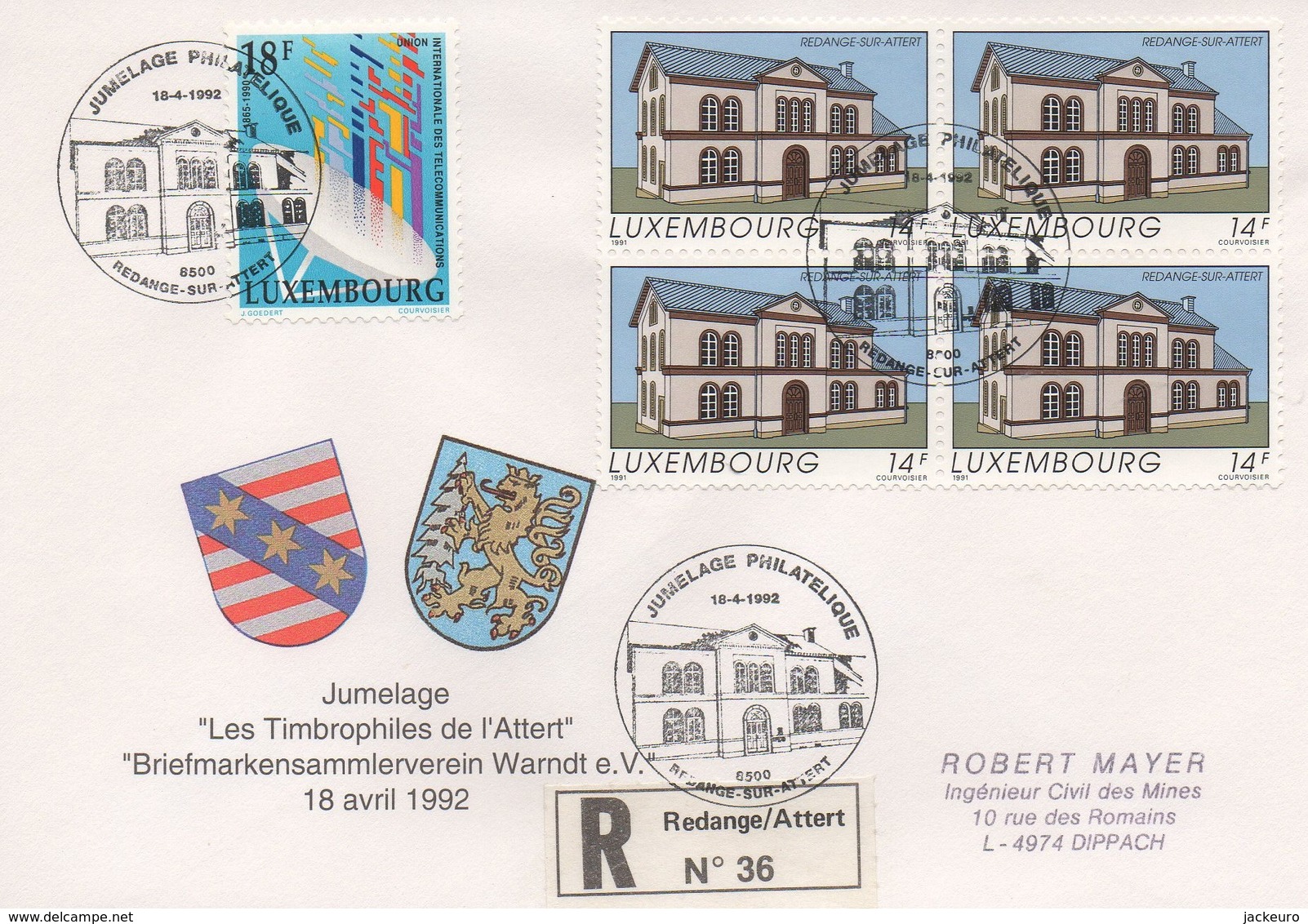 RE58   Recommandé  Jumelage Redange-sur-attert / Warndt 1992   TTB - Covers & Documents