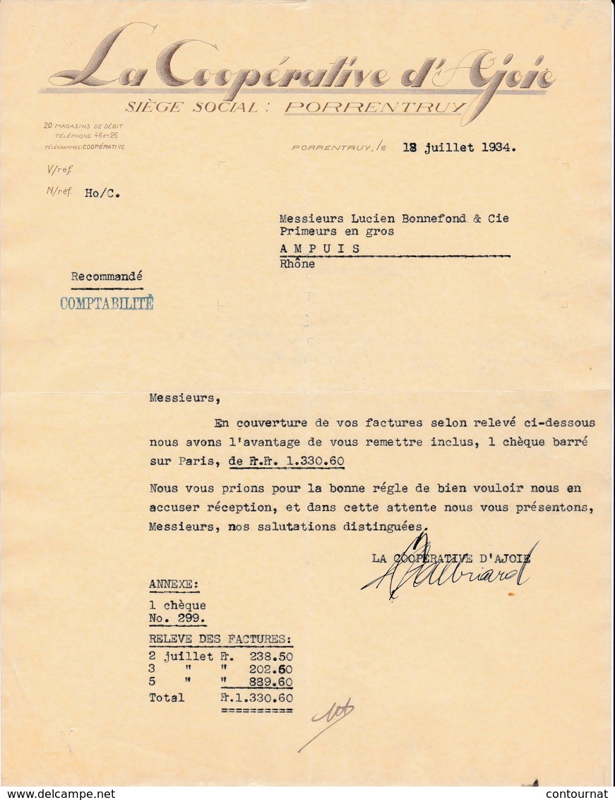 SUIISE PORRENTRUY COURRIER 1934 La COOPERATIVE D' AJOIE    A65 Cantion Du JURA - Svizzera