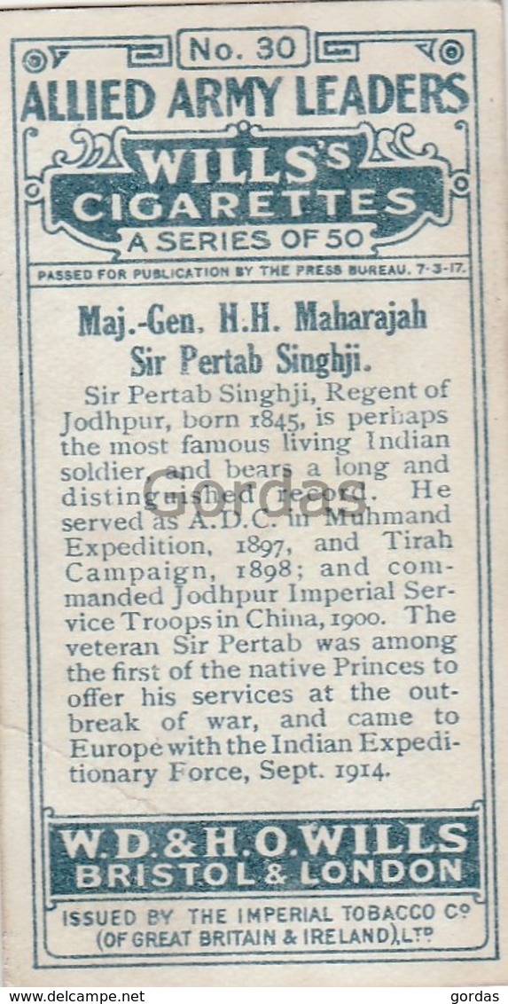 India - Major General Maharajah Sir. Pertab Singhji - No. 30 - Wills's Cigarettes - Allied Army Leaders - India