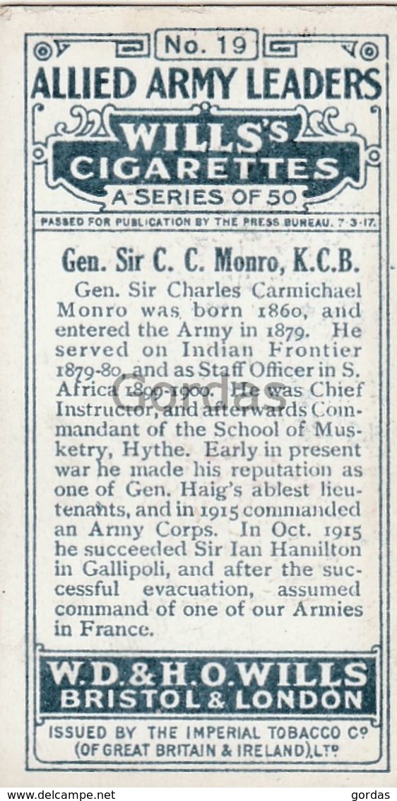 Great Britain - General Sir Charles Charmichael Monro - No. 19 - Wills's Cigarettes - Allied Army Leaders - Wills