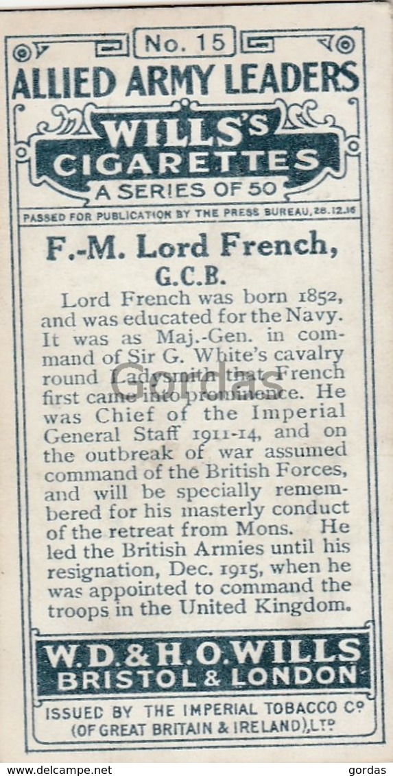 Great Britain - Field Marshal Lord French - No. 15 - Wills's Cigarettes - Allied Army Leaders - Wills