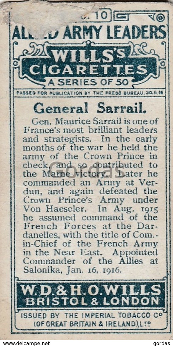 France - General Maurice Sarrail - No. 10 - Wills's Cigarettes - Allied Army Leaders - Wills