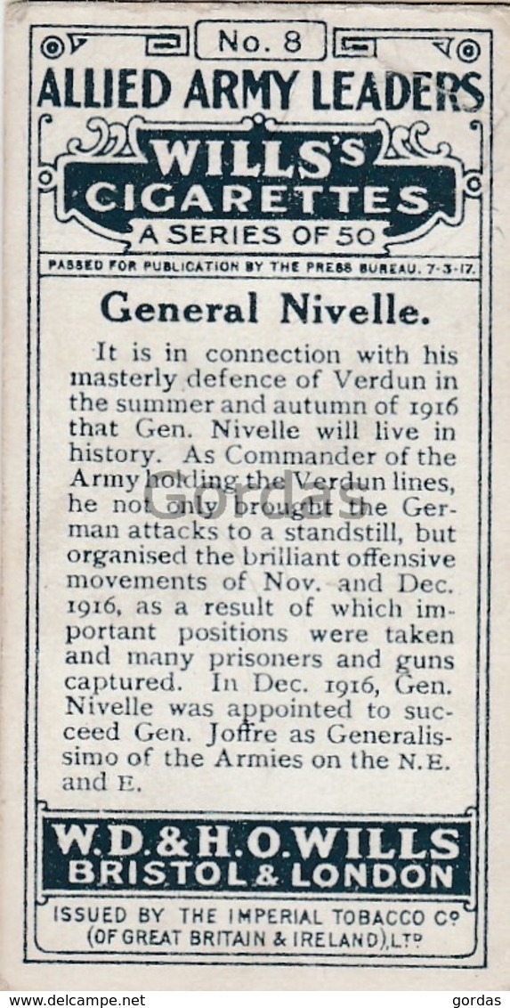 France - General Nivelle - No. 8 - Wills's Cigarettes - Allied Army Leaders - Wills