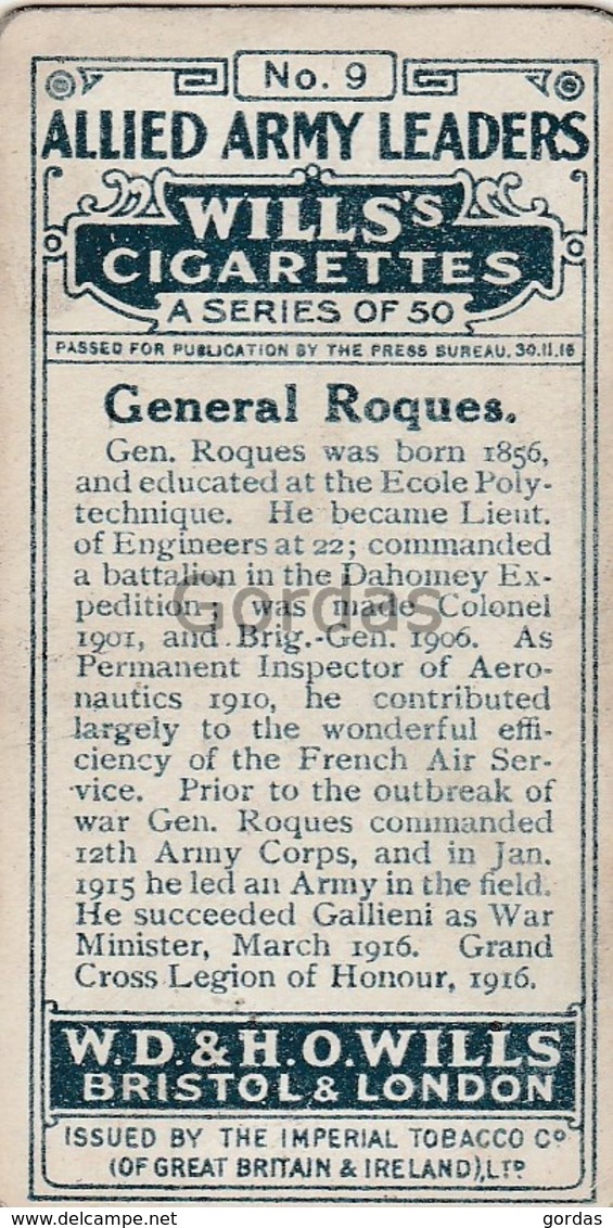 France - General Roques - No. 9 - Wills's Cigarettes - Allied Army Leaders - Wills