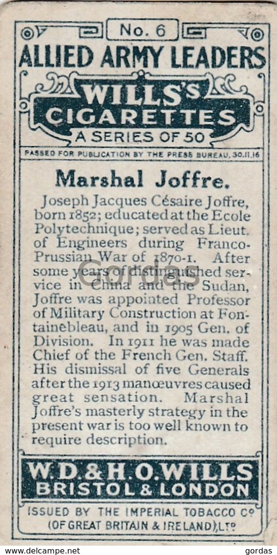 France - Mareshal Joffre - No. 6 - Wills's Cigarettes - Allied Army Leaders - Wills