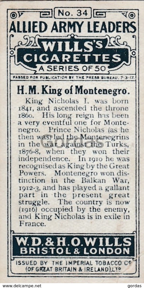 Montenegro - King Nicholas I - Royal Family - No. 34 - Royal Family - Wills's Cigarettes - Allied Army Leaders - Montenegro