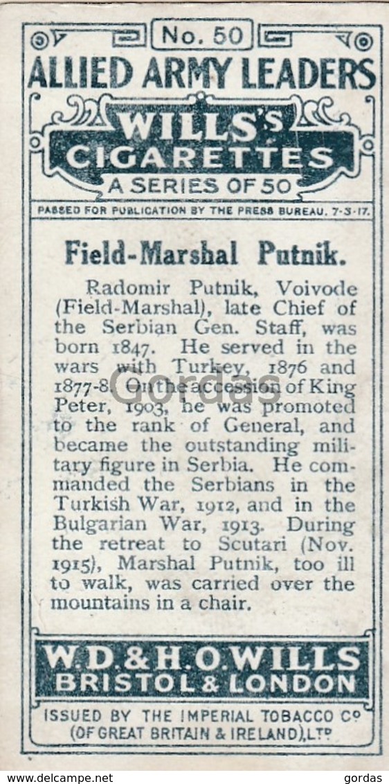 Serbia - Field Marshal Radomir Putnik - No. 50 - Wills's Cigarettes - Allied Army Leaders - Serbia