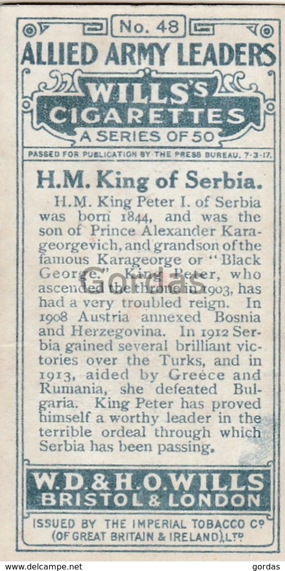 Serbia - King Peter I - Royal Family - No. 48 - Wills's Cigarettes - Allied Army Leaders - Serbia