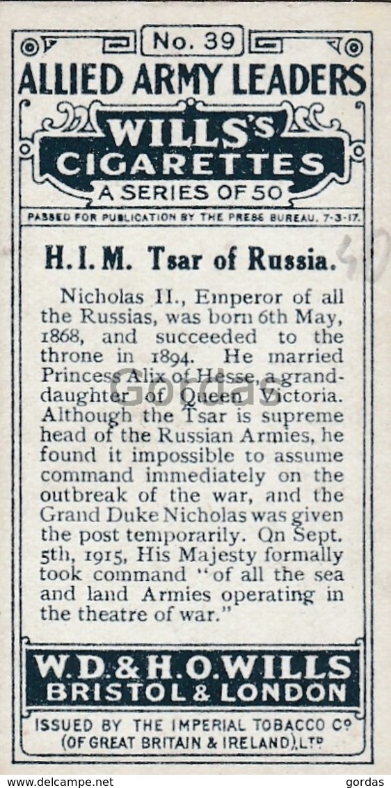 Russia - Tsar Nikolai II Romanov - Royal Family - No. 39 - Wills's Cigarettes - Allied Army Leaders - Russia