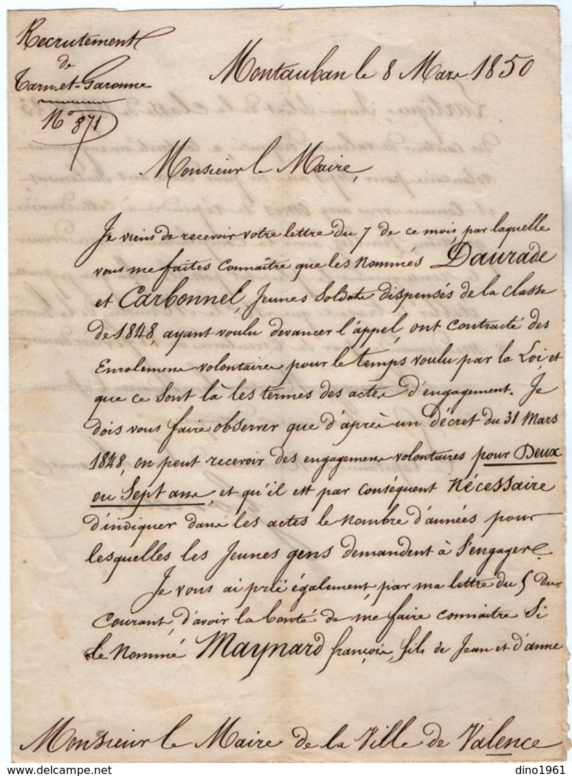 VP13.168 - MILITARIA - Lettre Du Capitaine GONDON à MONTAUBAN Pour Mr Le Maire De VALENCE Au Sujet Du Recrutement - Documenti