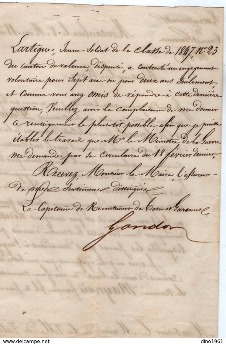 VP13.168 - MILITARIA - Lettre Du Capitaine GONDON à MONTAUBAN Pour Mr Le Maire De VALENCE Au Sujet Du Recrutement - Documentos