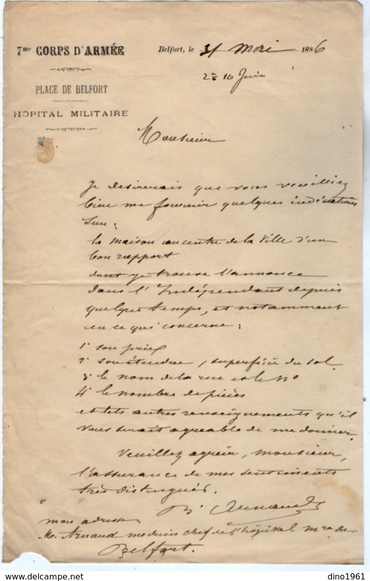 VP13.173 - MILITARIA - Lettre Du Médecin Chef ARNAUD à L'Hopital De BELFORT - Documentos