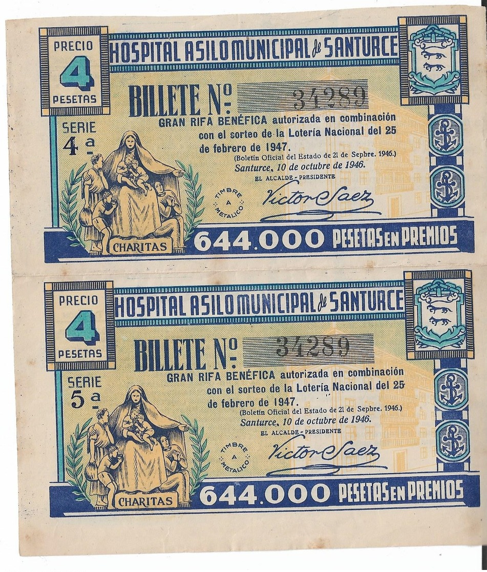 A7. SANTURCE. Hospital Asilo. 2 Billetes RIFA BENÉFICA. Año 1947 - Billetes De Lotería