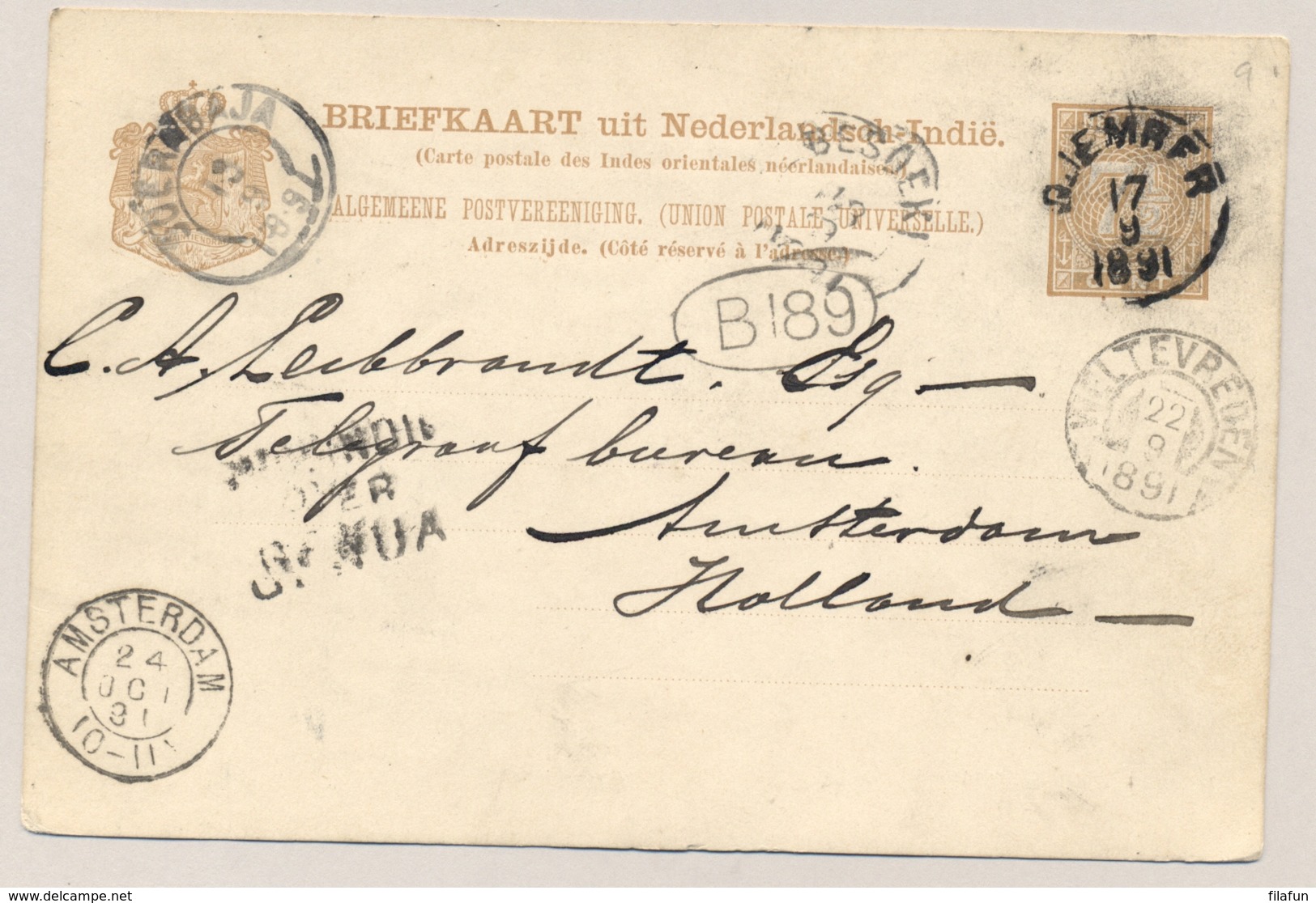 Nederlands Indië - 1891 - 7,5 Cent Briefkaart Van KR DJEMBER Over Genua Naar Amsterdam / Nederland - Nederlands-Indië