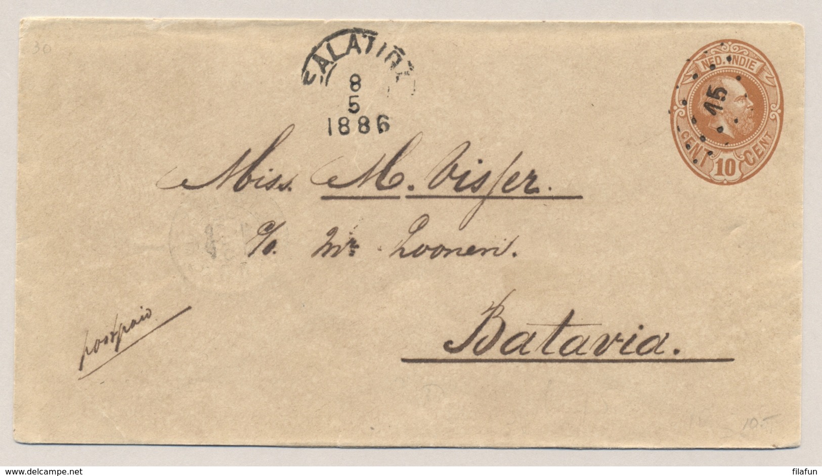 Nederlands Indië - 1886 - 10 Cent Willem III, Envelop G6 Met Kleinrond- En Puntstempel SALATIGA Naar Batavia - Nederlands-Indië