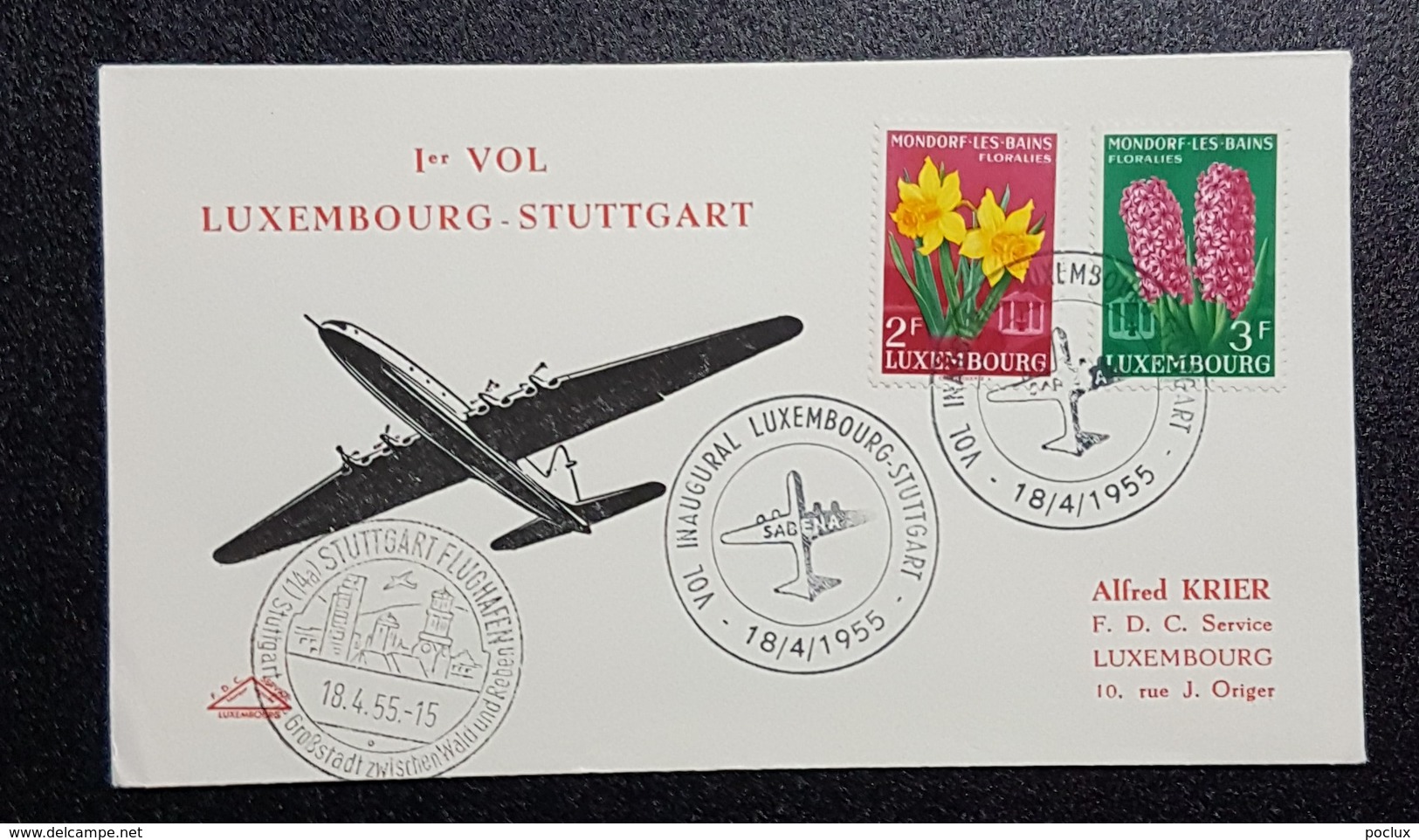 Luxembourg 1955- 1er Vol Luxembourg-Stuttgart - Altri & Non Classificati
