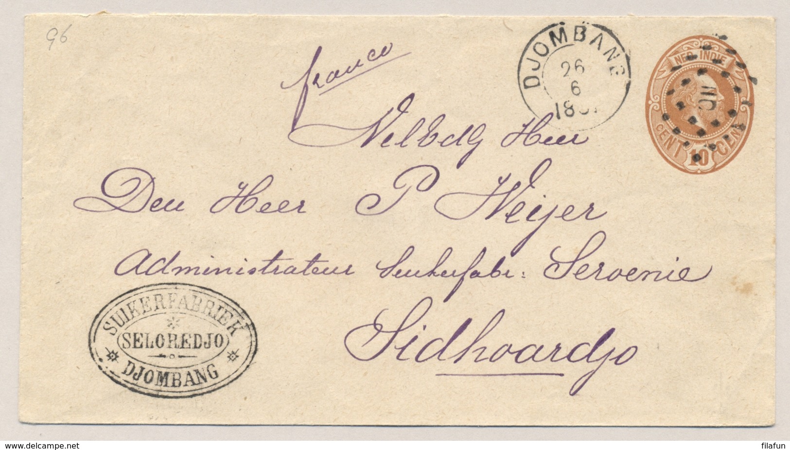 Nederlands Indië - 1891 - 10 Cent Willem III, Envelop G6 Met Kleinrond- En Puntstempel DJOMBANG Naar Sidoardjo - Nederlands-Indië