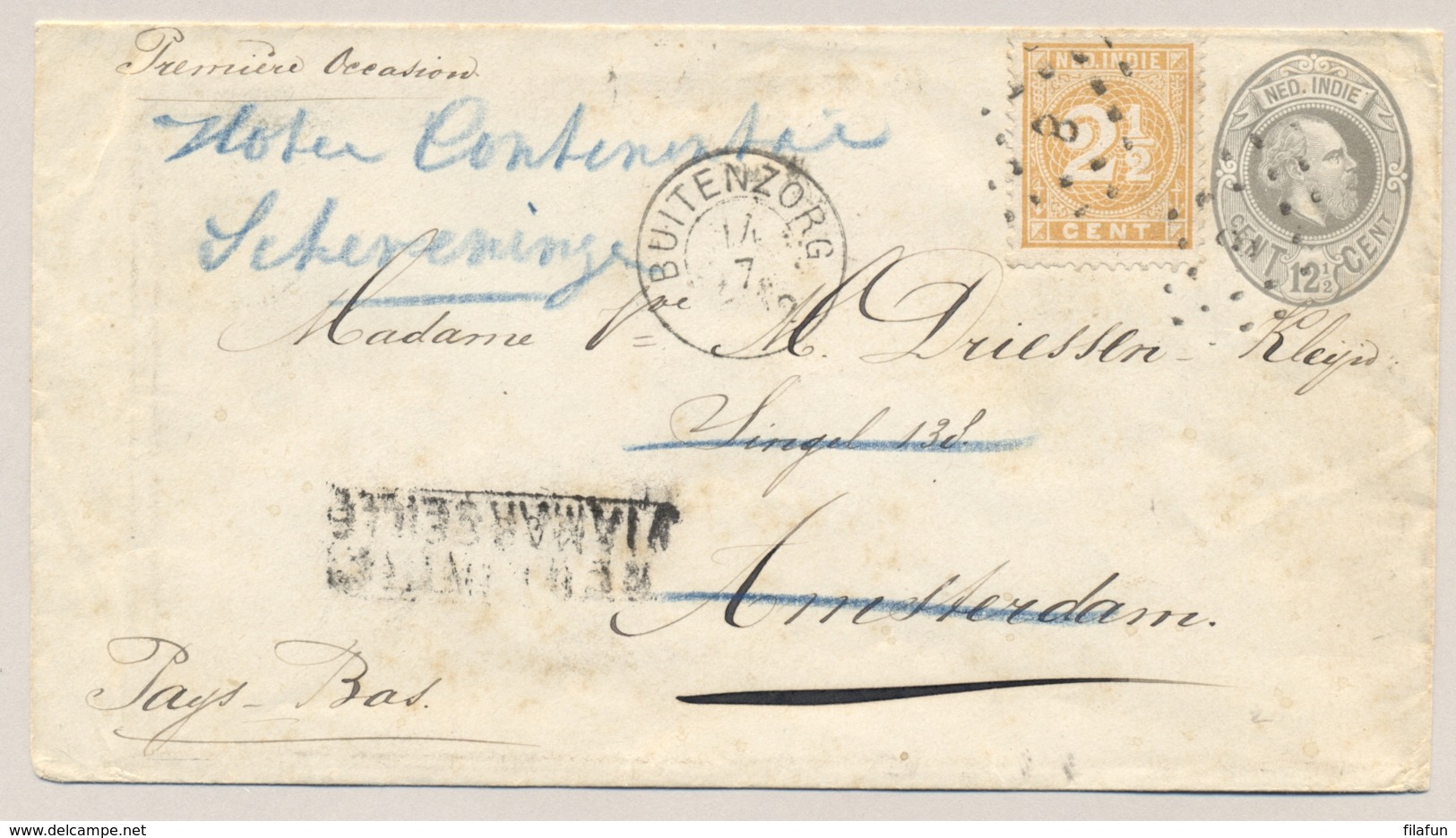 Nederlands Indië - 1892 - 2,5 Cent Cijfer Tanding 11,5x12 Als Bijfrankering Op Envelop G7 Van Buitenzorg Naar Amsterdam - Nederlands-Indië