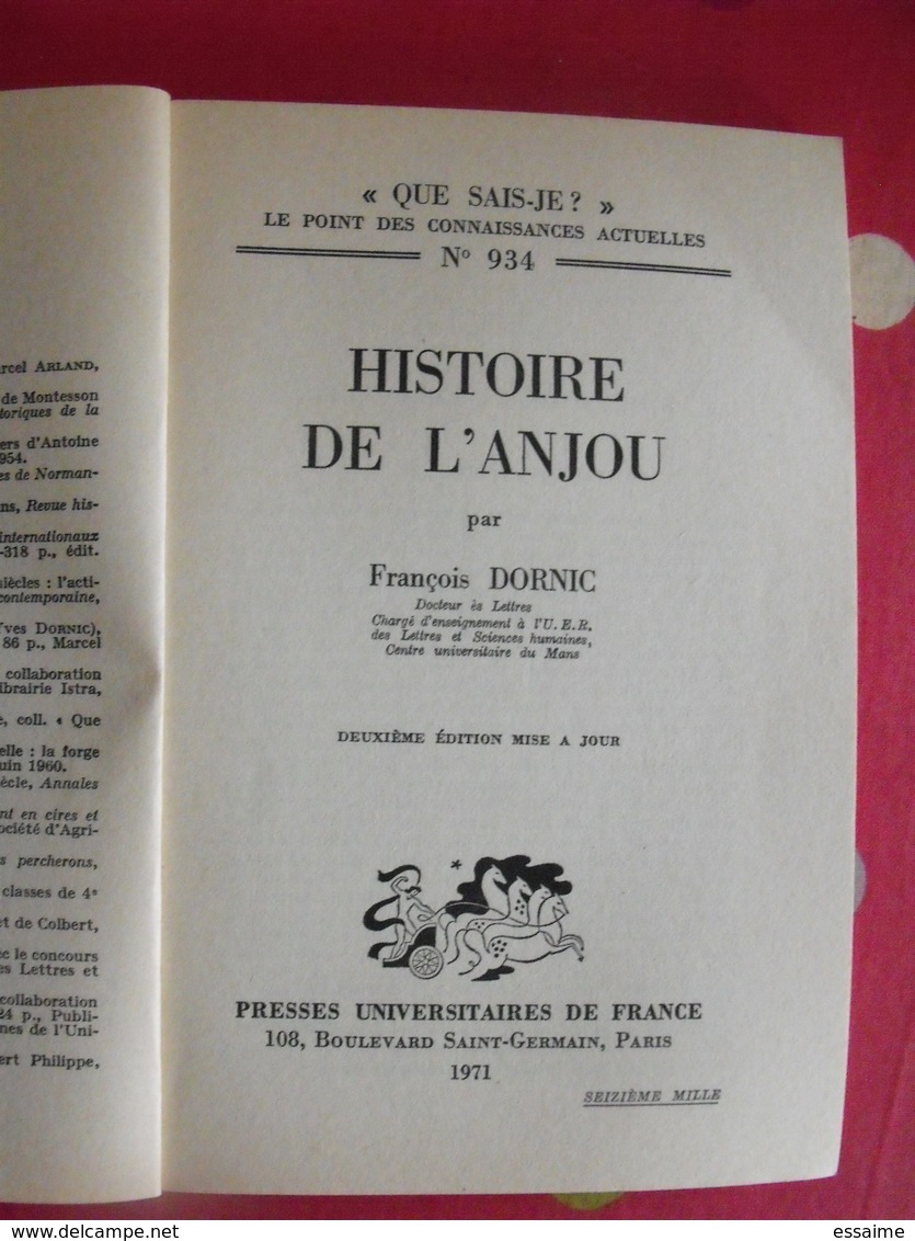 Histoire De L'Anjou. François Dornic. PUF, Que Sais-je ? N° 934. 1971 - Franche-Comté