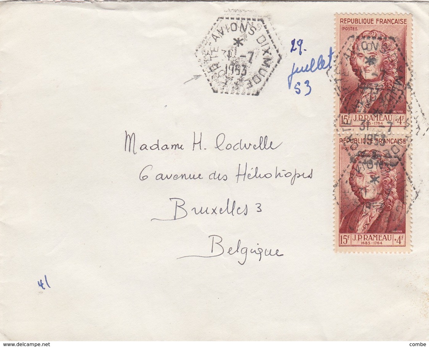 LETTRE. 1 7 53. CACHET EXAGONAL-PERLÉ PORTE-AVION DIXMUDE. POUR BRUXELLES BELGIQUE - Poste Navale