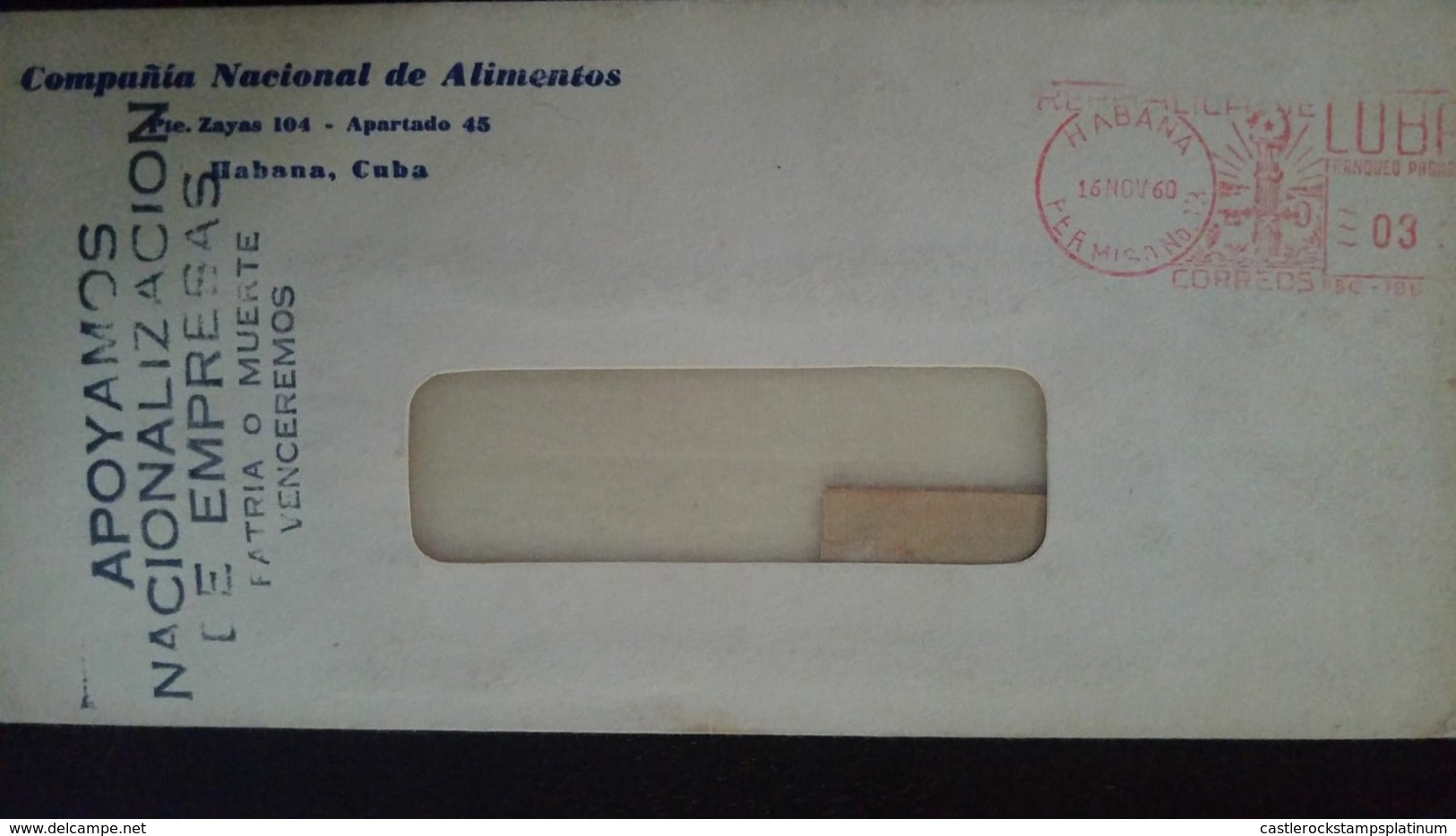 O) 1960 CUBA-CARIBBEAN. SPANISH ANTILLES, METER STAMP OF LIGHTHOUSE-FRANQUEO 3c, ​WE SUPPORT NATIONALIZATION OF COMPANIE - Covers & Documents