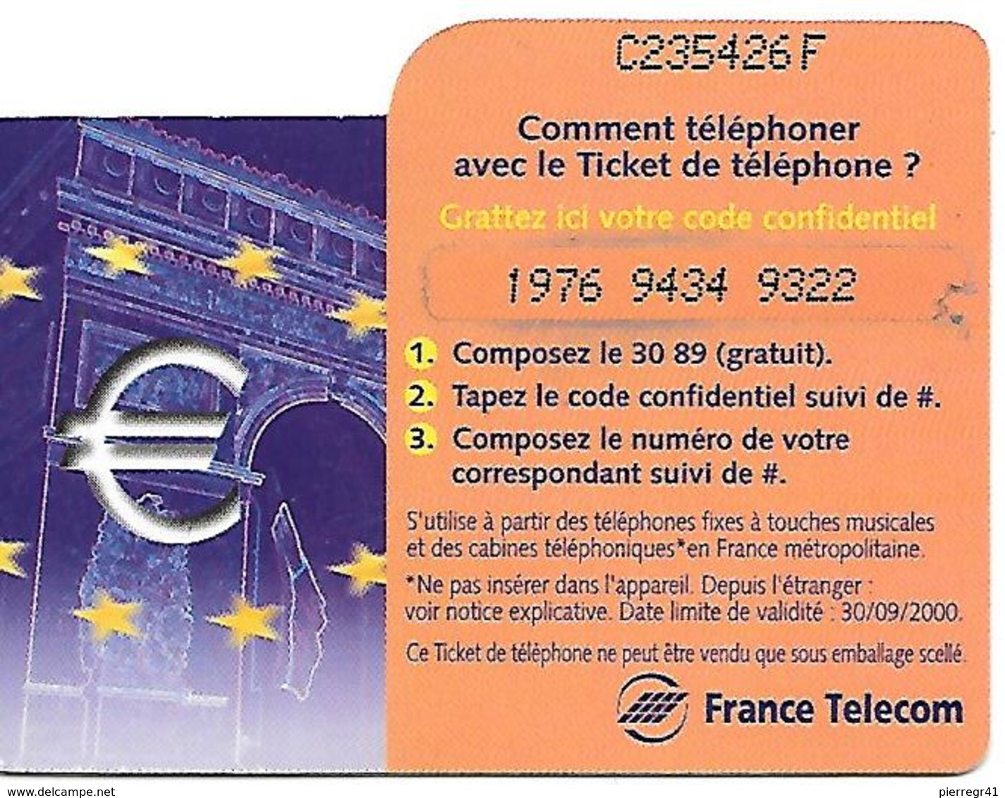 TICKET TELEPHONE-PU 11-100F-30/09/2000-MOULIN--CODE TYPE-3G-ECRIT-4/4/4-TBE - FT