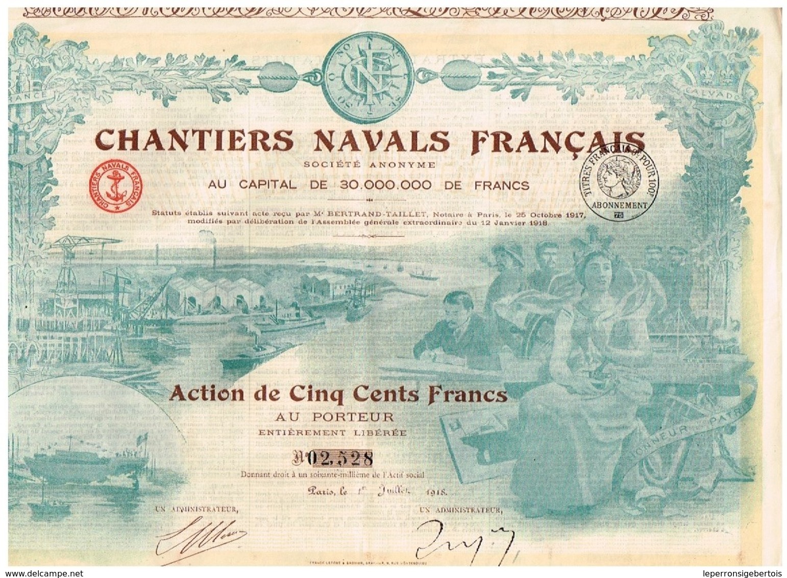 Ancienne Action - Chantiers Navals Français Société Anonyme -Titre De 1918 - N°02528 - Déco - Navigation