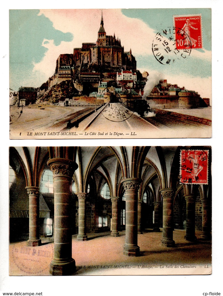 50 - LE MONT-SAINT-MICHEL . " CÔTÉ SUD ET LA DIGUE " & " ABBAYE . SALLE DES CHEVALIERS " . 2 CPA - Réf. N°19448 - - Le Mont Saint Michel