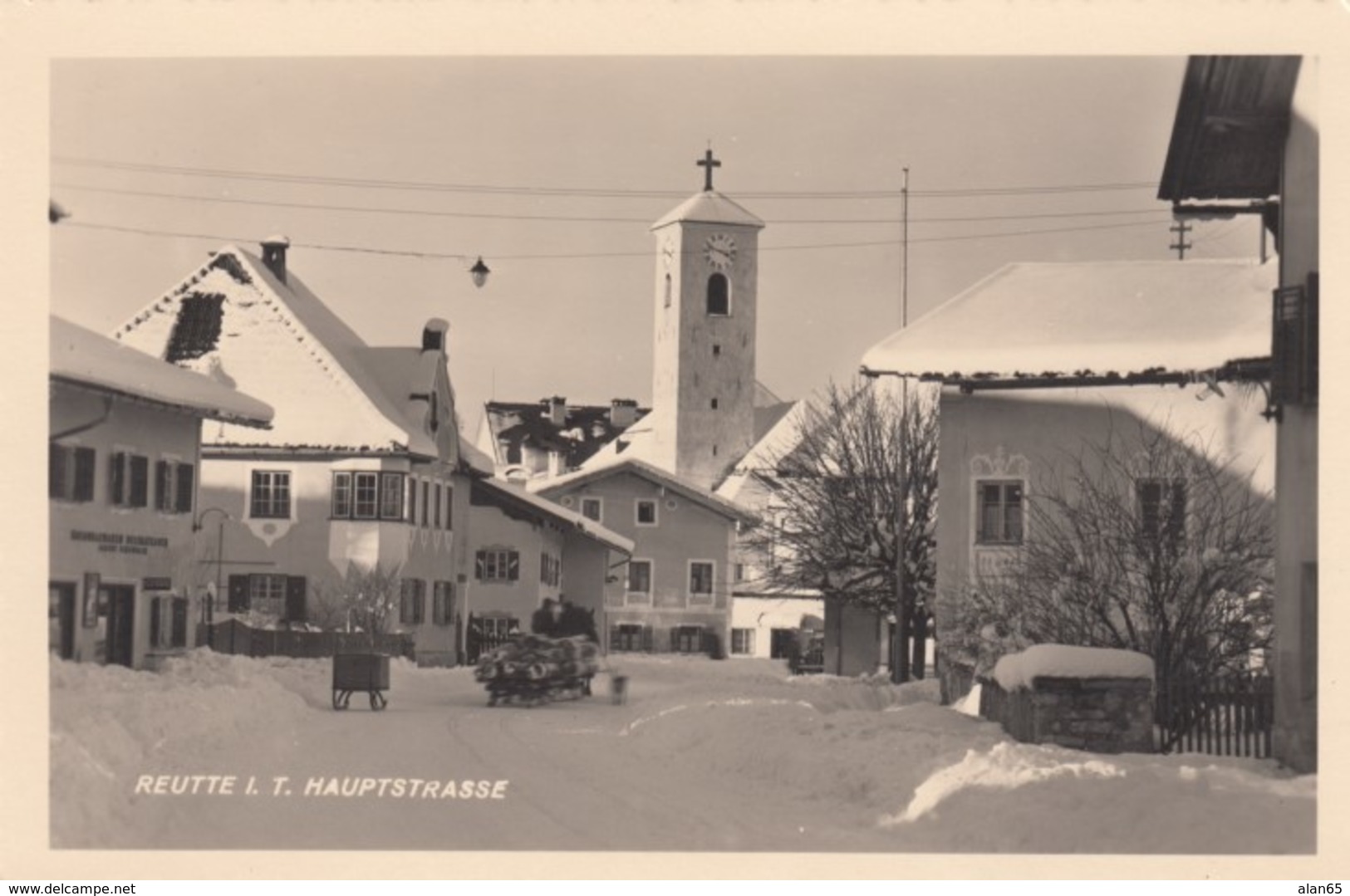 Reutte (Tirol) Austria, Hauptstrasse In Snow, Horse-drawn Sledge, Church, C1930s/50s Vintage Real Photo Postcard - Reutte