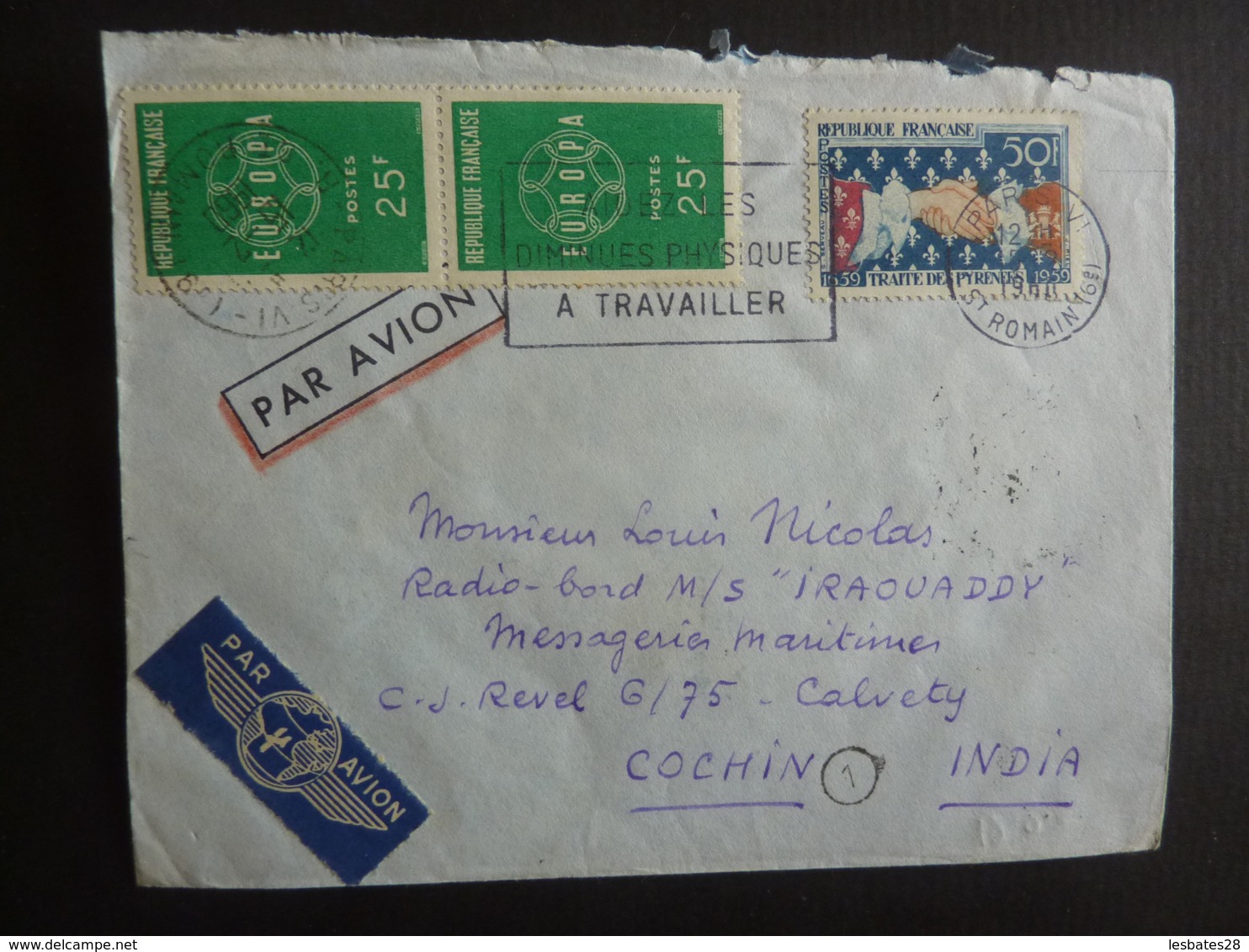 ERINNOPHILIE TIMBRES 1960 EUROPA  FLAMME  EXPEDIE PAR AVION  à CALVETY CICHIN INDIA   Oct 2018 Alb 5 - 1921-1960: Période Moderne