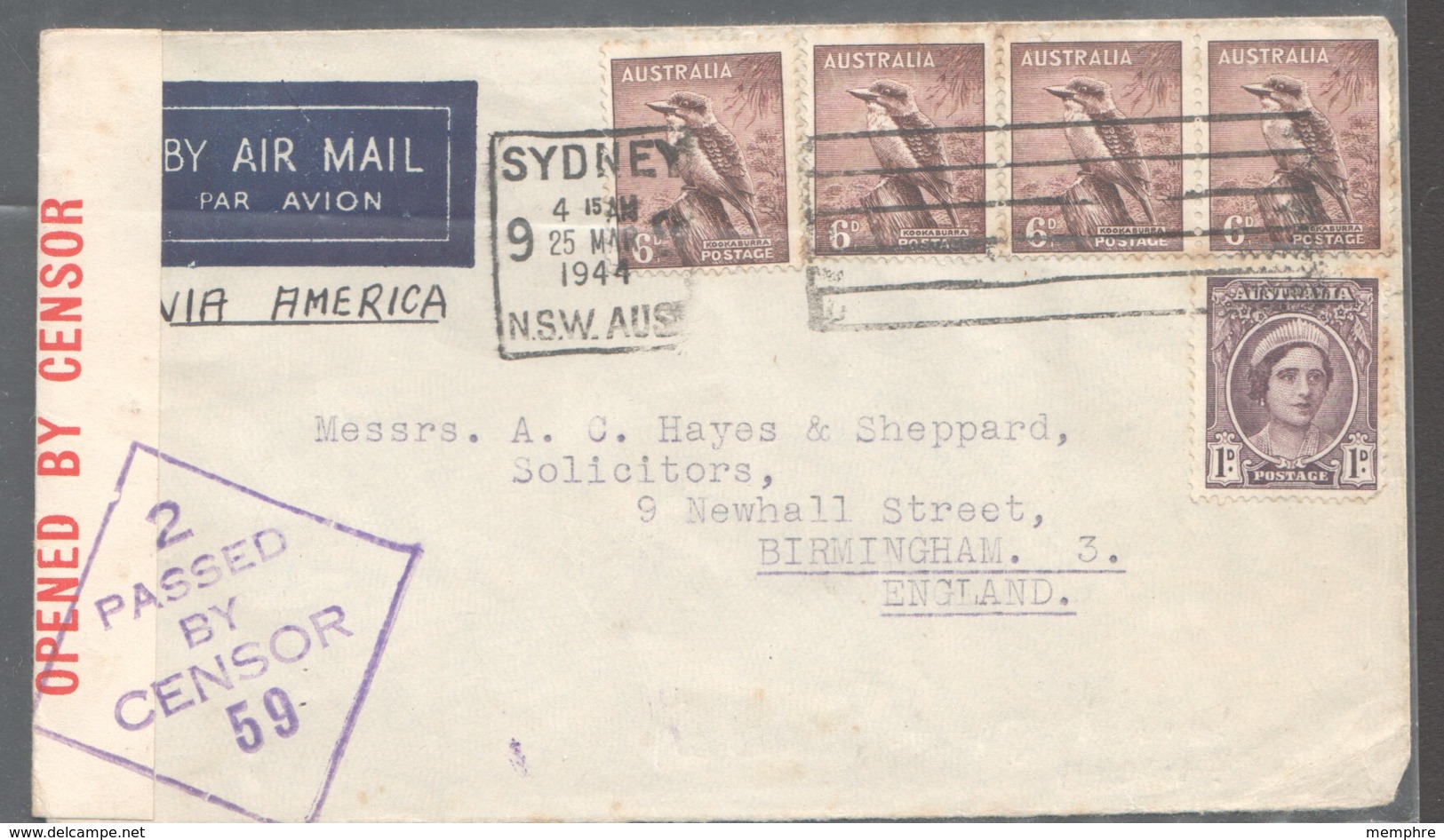 1944 Censored Air Letter To England - Kookaburra 6d X4, Qn Eliz. 1d, - Covers & Documents